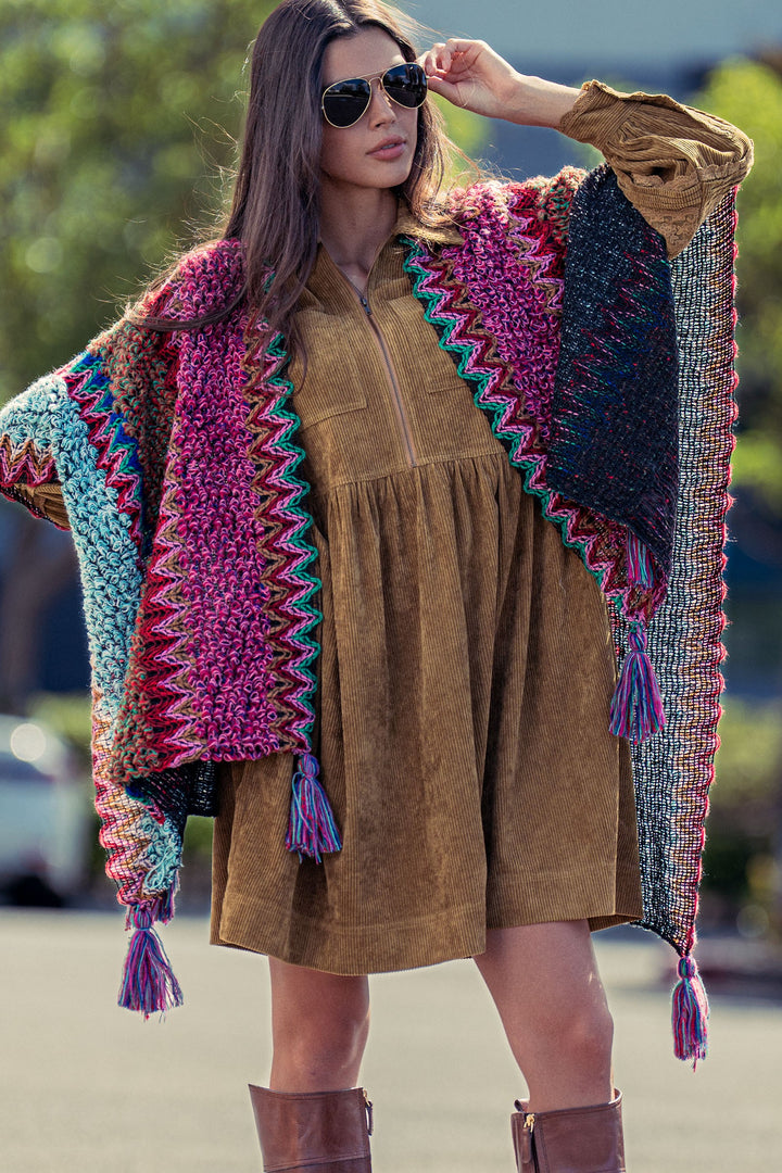 tassel knit poncho - burgundy multi (additional view)