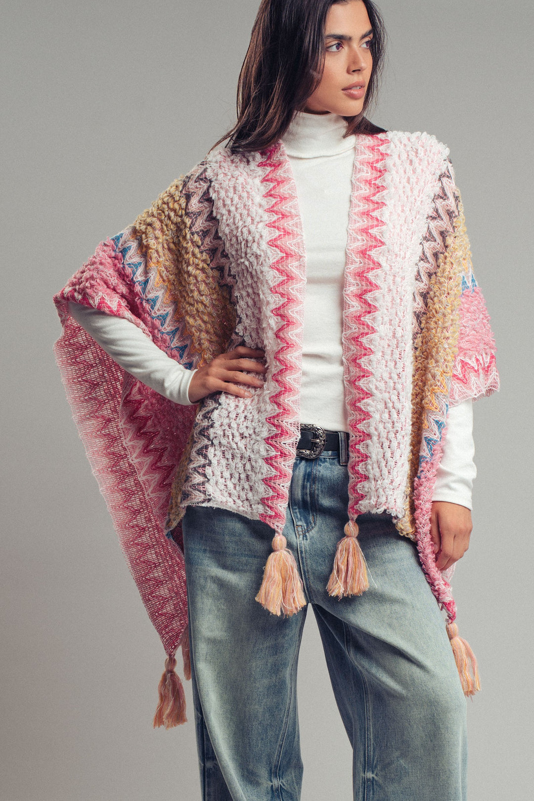 tassel knit poncho - pink multi