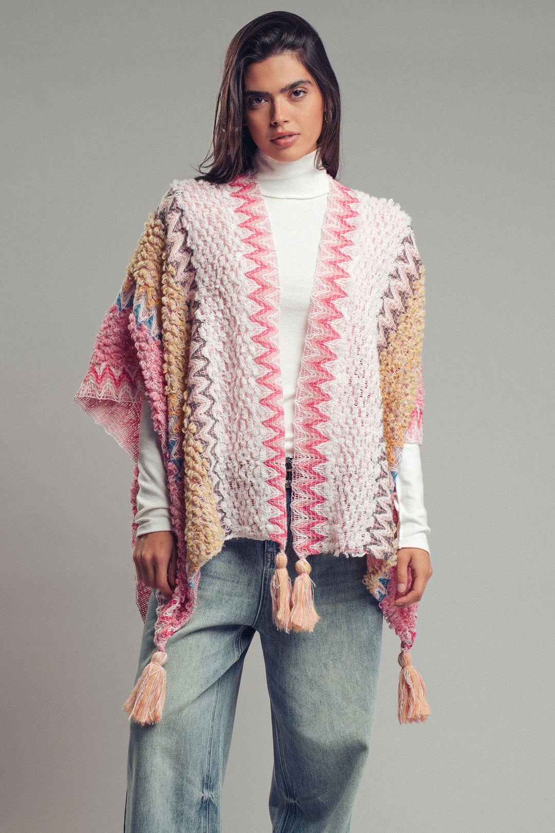 tassel knit poncho - pink multi (additional view)