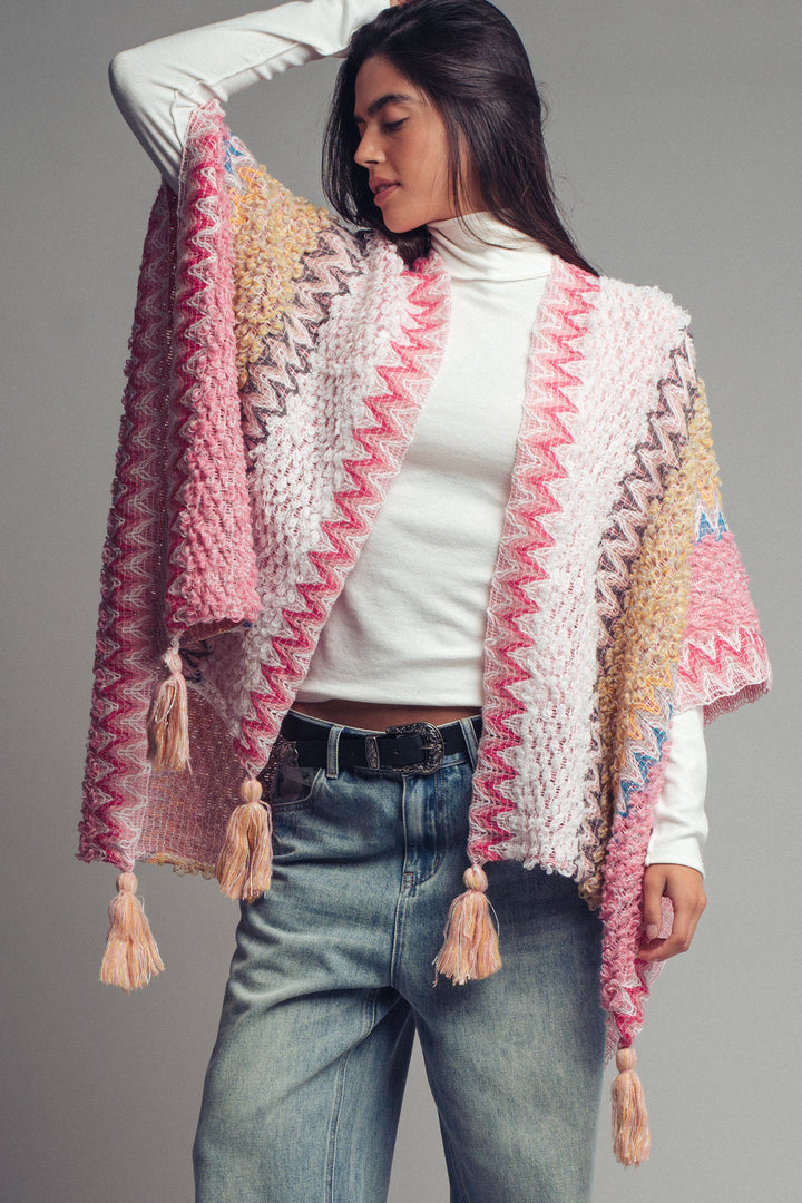 tassel knit poncho - pink multi (additional view)