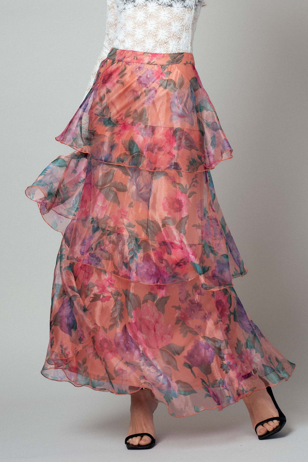 watercolor floral sheer layered maxi skirt - peach multi