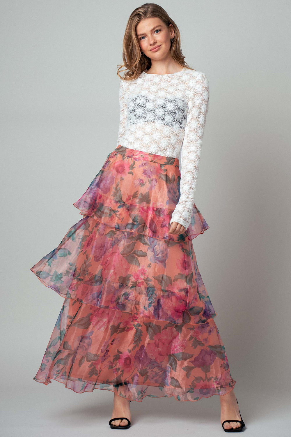 watercolor floral sheer layered maxi skirt - peach multi (additional view)