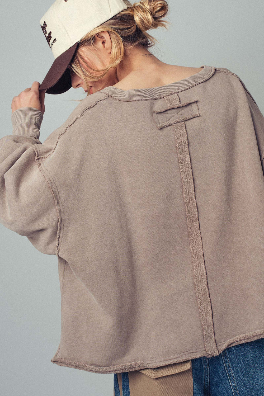 relaxed vintage v neck oversized sweatshirt top - mocha mousse
