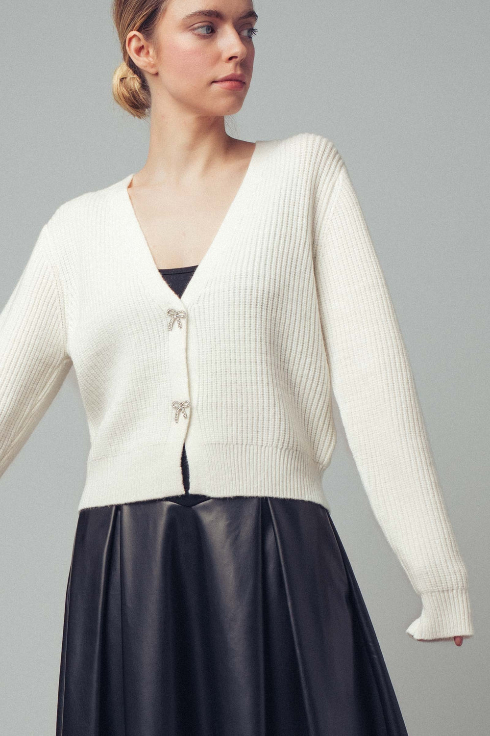 stud bow detail knit cardigan - ivory (additional view)