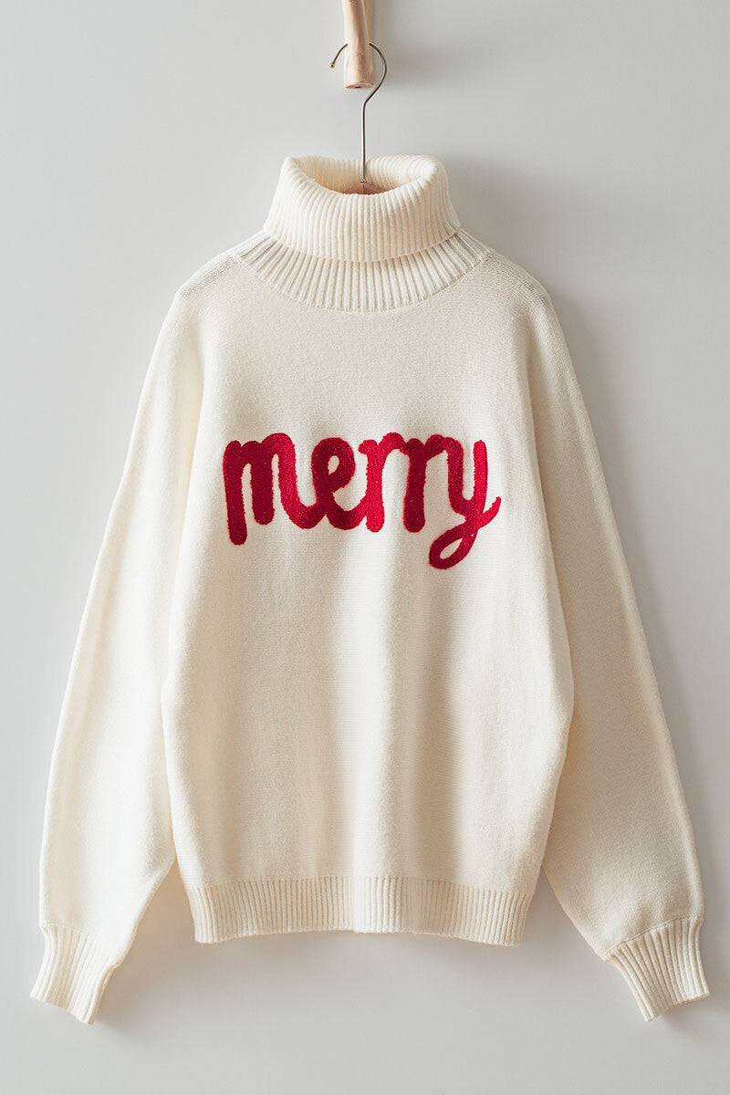 oversized merry embossed turtle neck sweater - white (additional view)