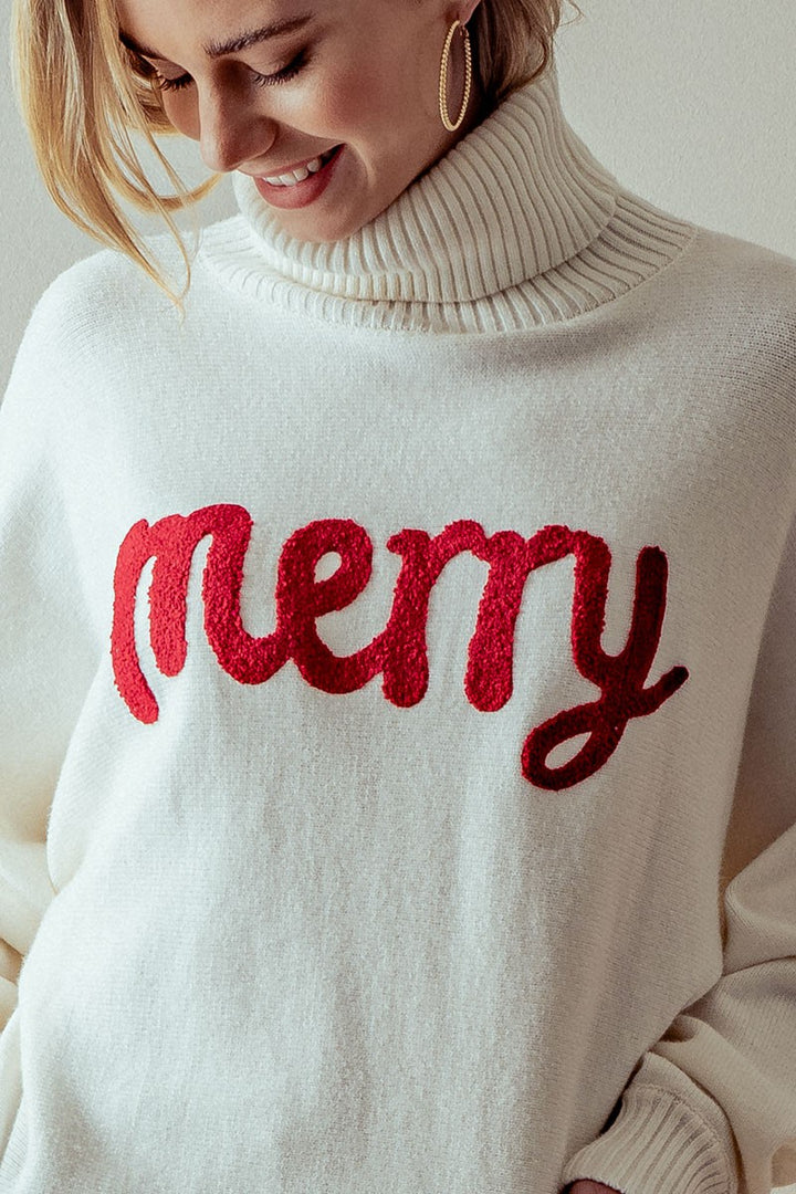 oversized merry embossed turtle neck sweater - white (additional view)