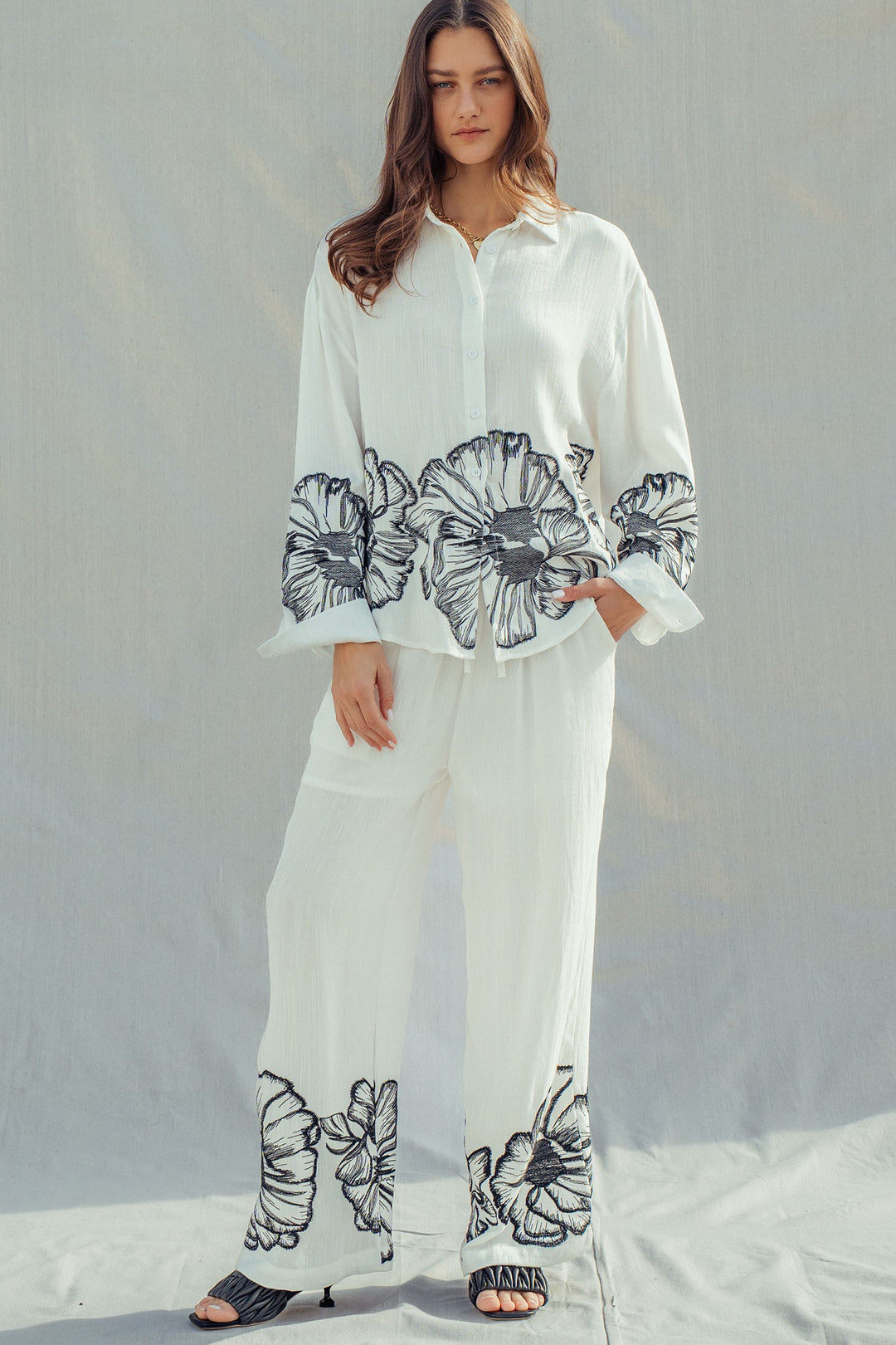 botanical sketch wide leg pants - white (additional view)