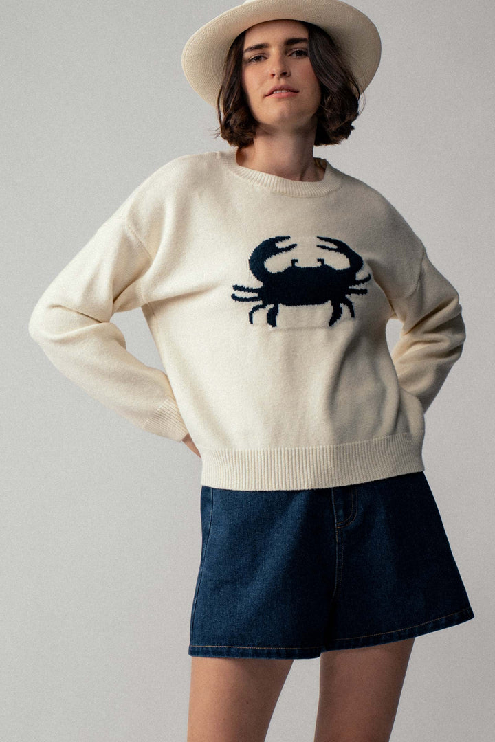 navy crab crewneck sweater - ivory (additional view)