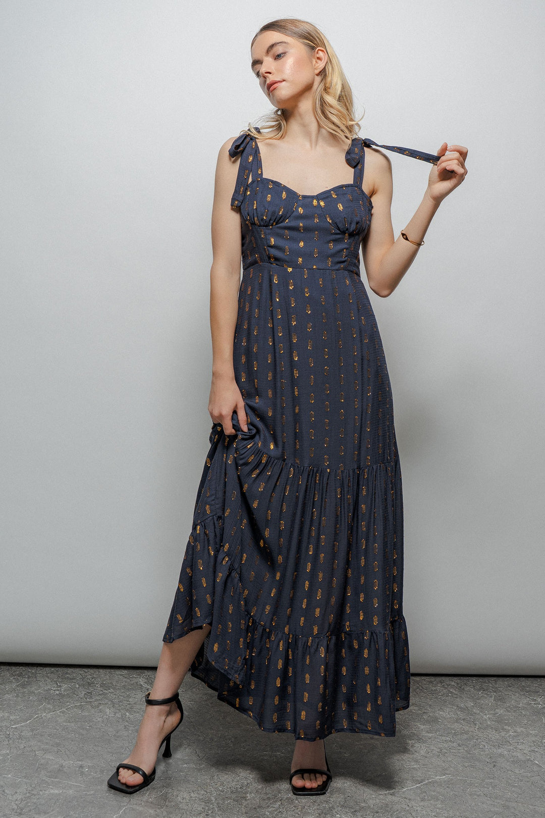 polka dot print maxi dress - navy gold