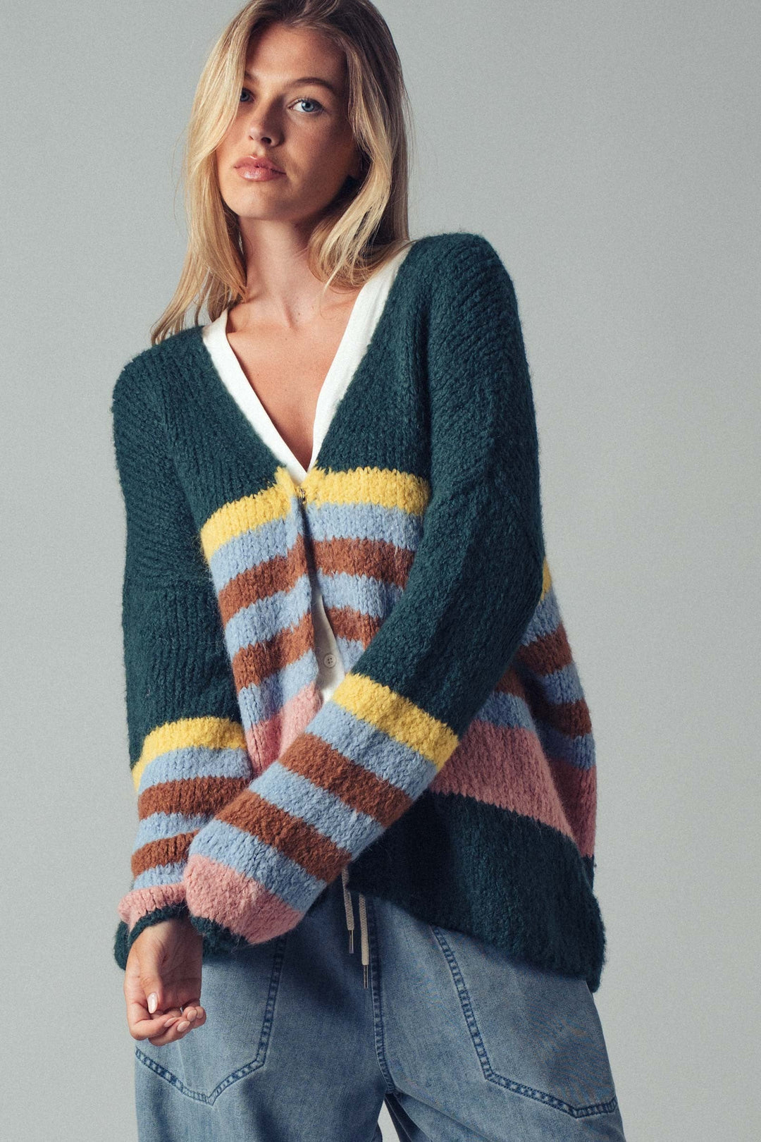 Boho Striped Knit Cardigan Top With Cozy Fit, additional view