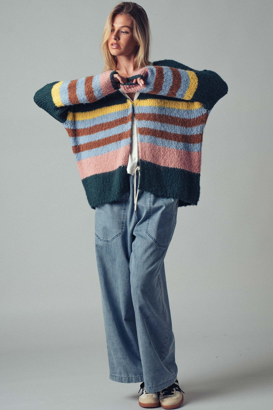 Boho Striped Knit Cardigan Top With Cozy Fit, additional view
