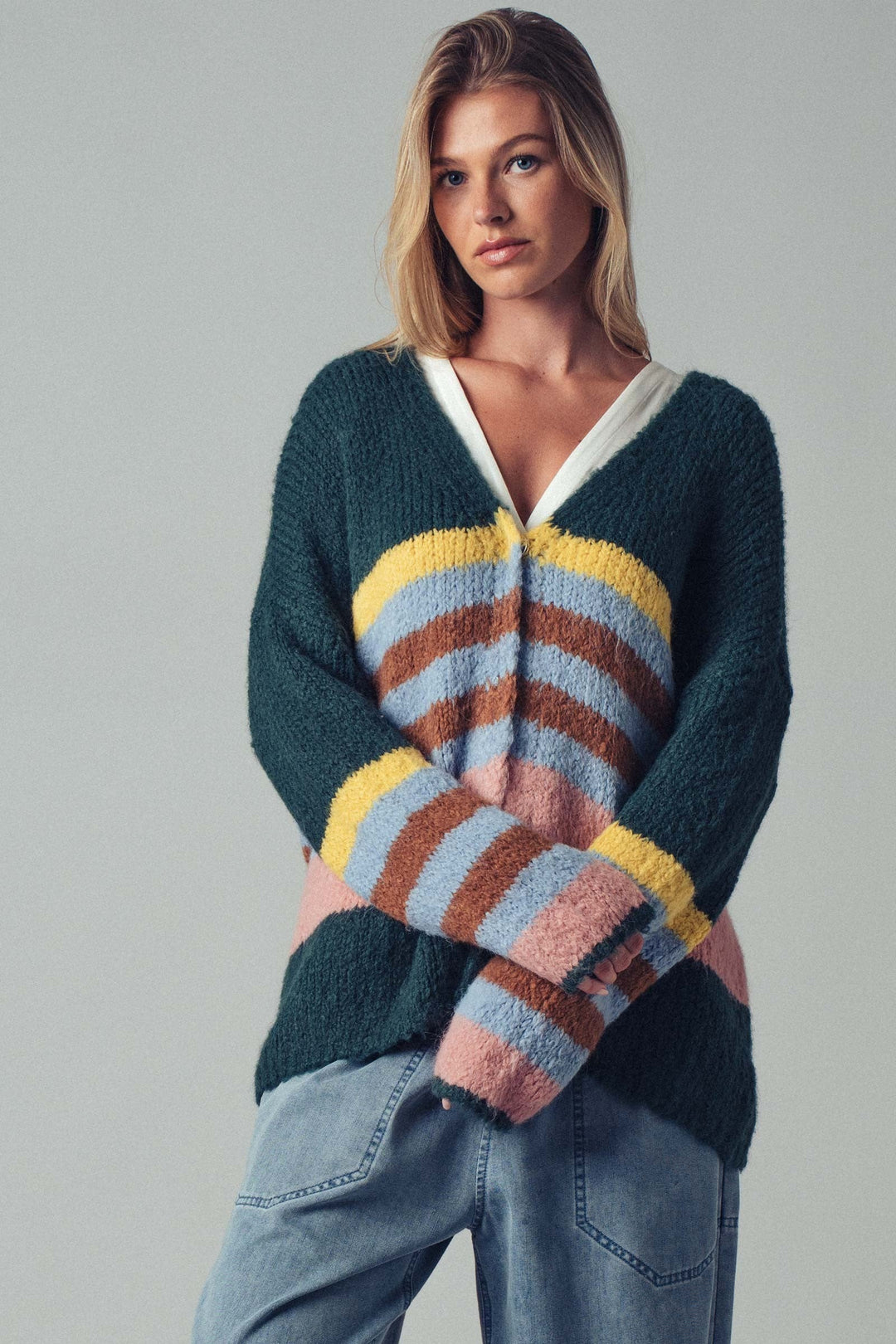 Boho Striped Knit Cardigan Top With Cozy Fit, additional view