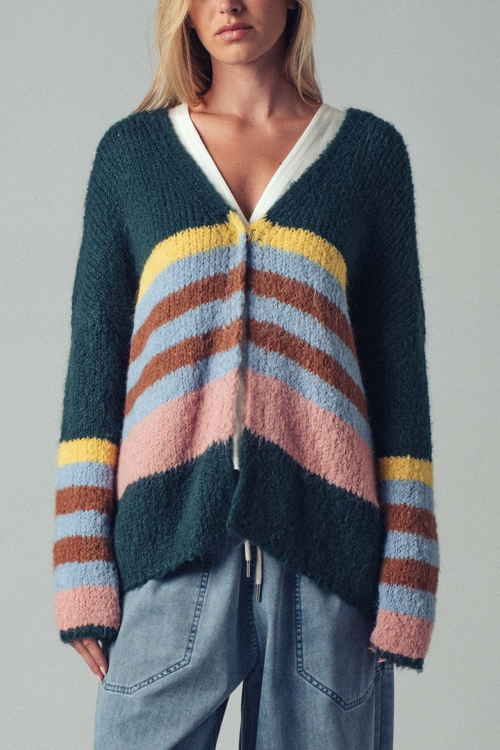 Boho Striped Knit Cardigan Top With Cozy Fit, additional view