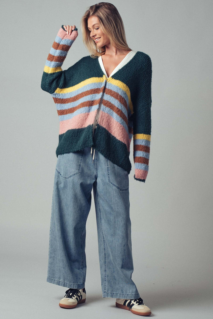 Boho Striped Knit Cardigan Top With Cozy Fit, additional view