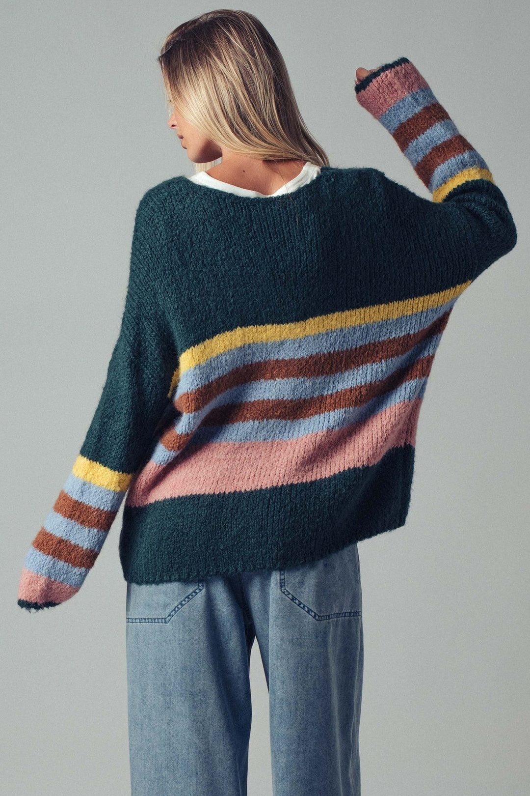 Boho Striped Knit Cardigan Top With Cozy Fit, additional view