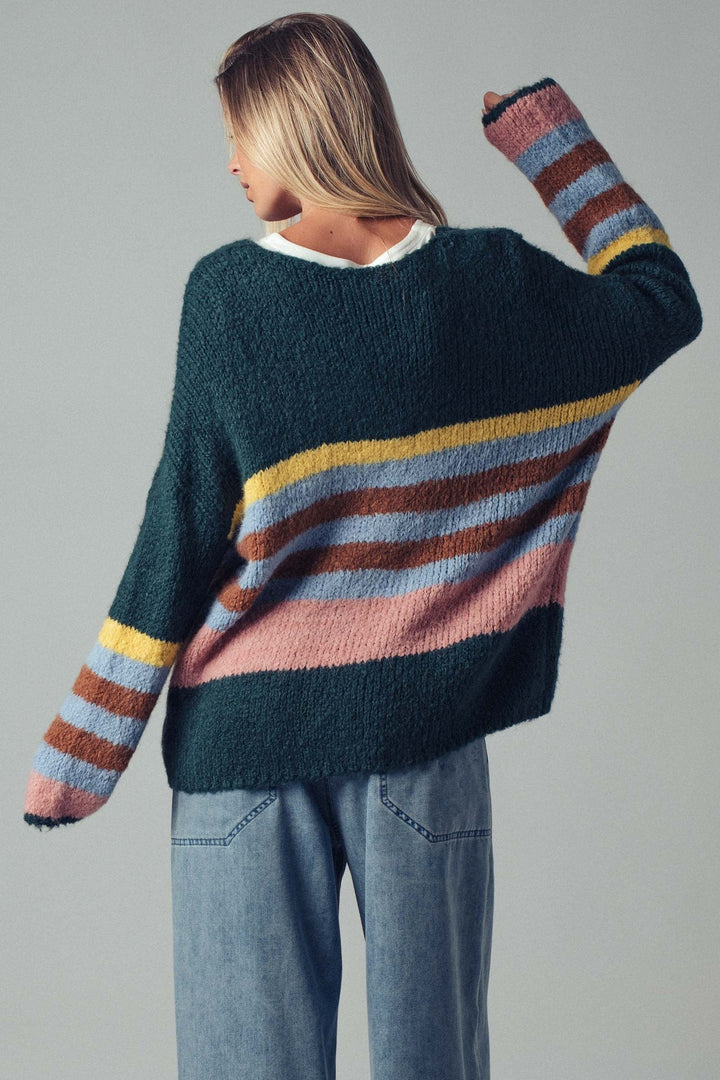 Boho Striped Knit Cardigan Top With Cozy Fit, additional view