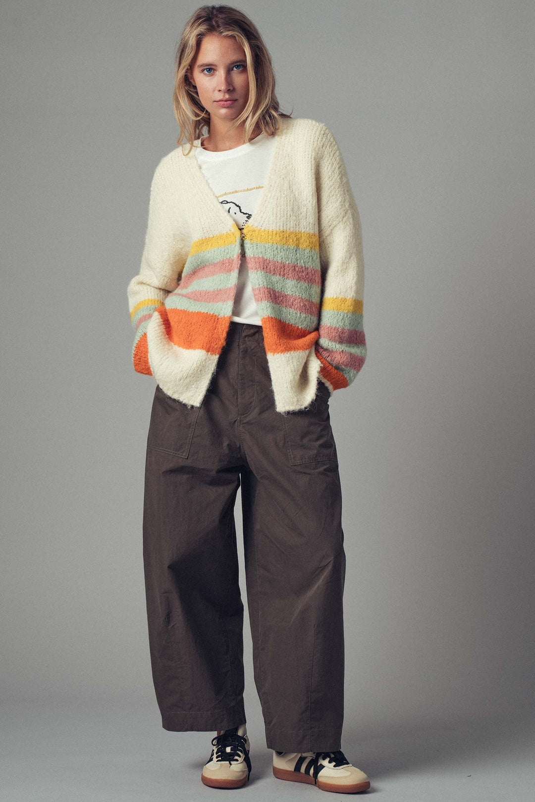 Boho Striped Knit Cardigan Top With Cozy Fit, additional view