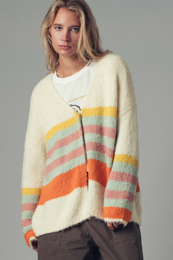 Boho Striped Knit Cardigan Top With Cozy Fit, additional view