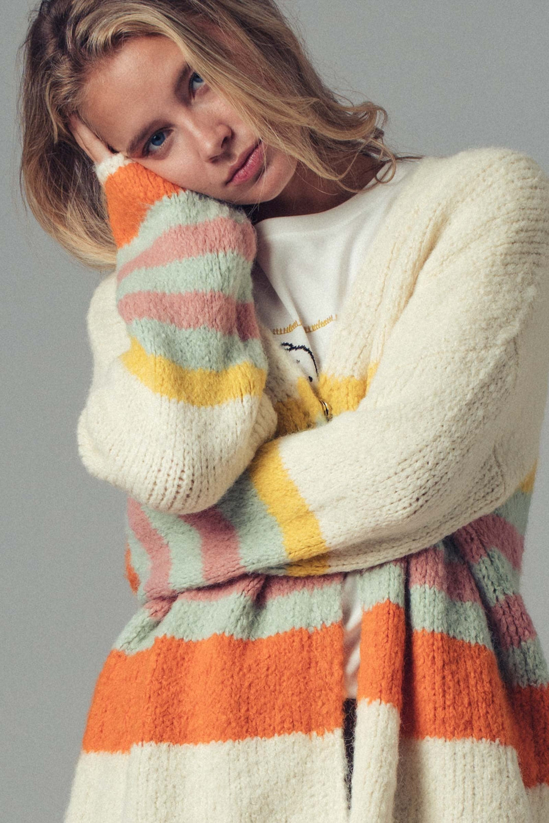Boho Striped Knit Cardigan Top With Cozy Fit, additional view