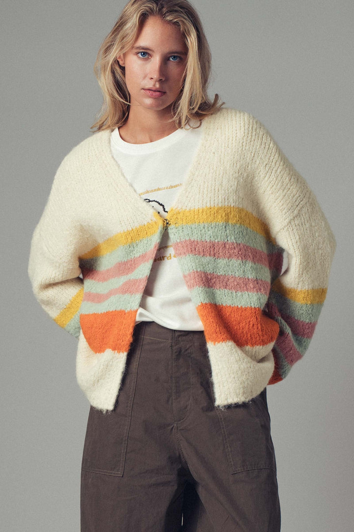 Boho Striped Knit Cardigan Top With Cozy Fit, additional view