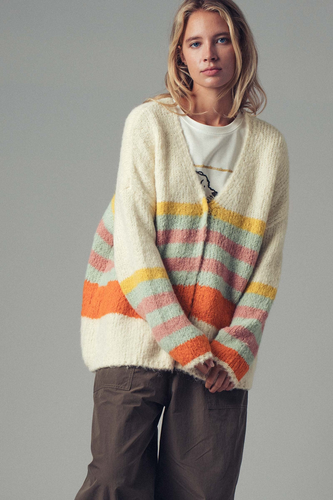 Boho Striped Knit Cardigan Top With Cozy Fit, additional view