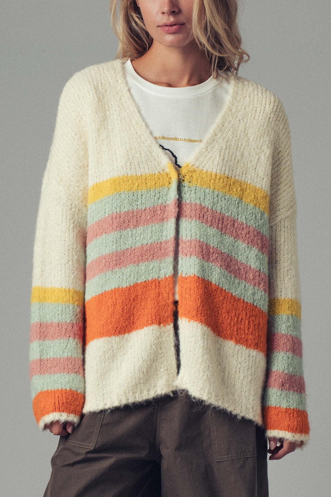 Boho Striped Knit Cardigan Top With Cozy Fit, additional view