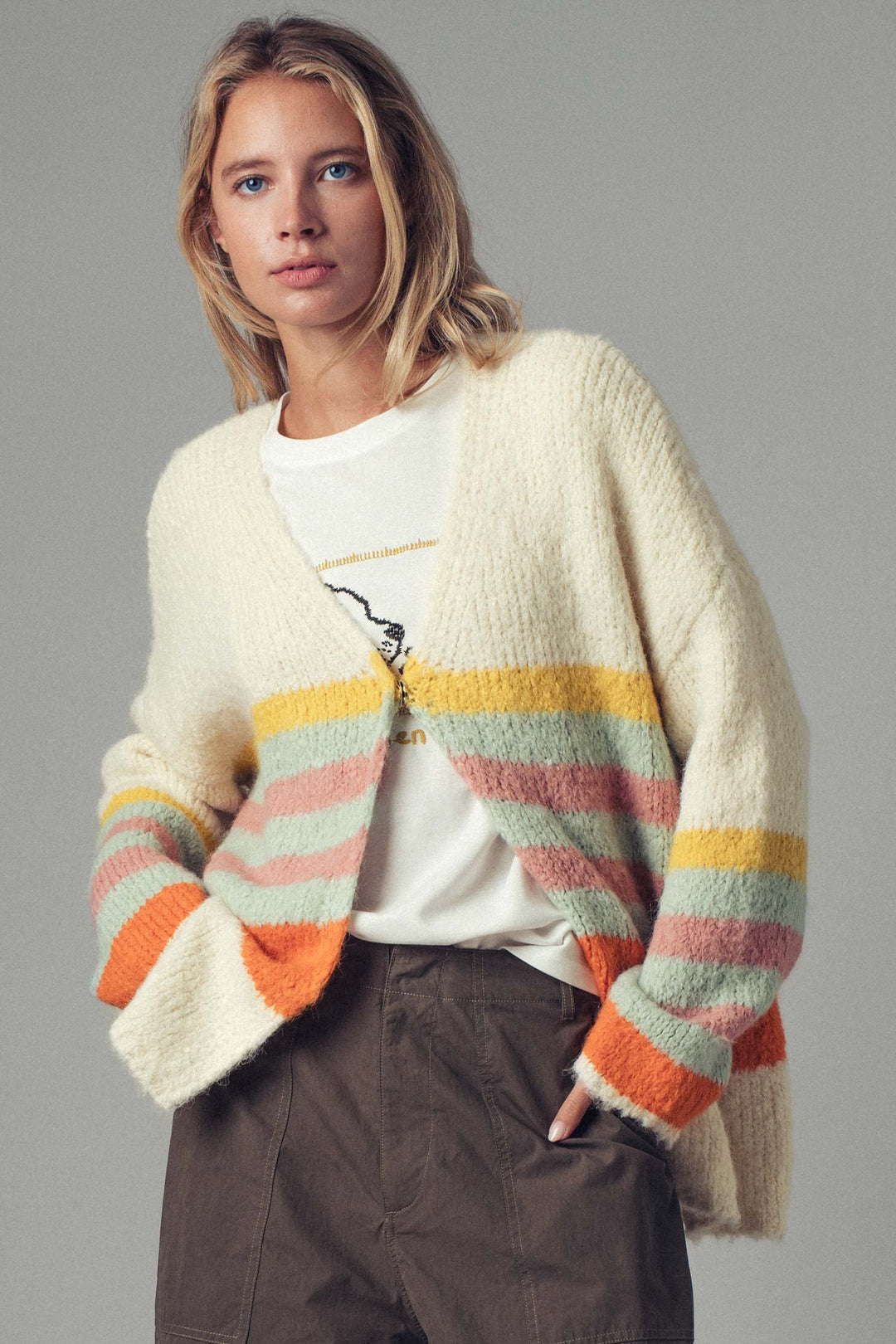 Boho Striped Knit Cardigan Top With Cozy Fit, additional view