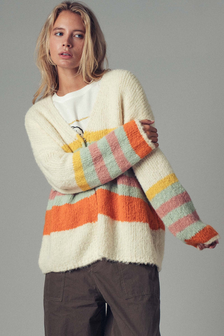 Boho Striped Knit Cardigan Top With Cozy Fit, additional view
