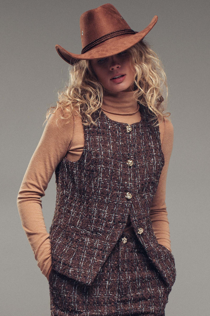 tweed button vest - brown