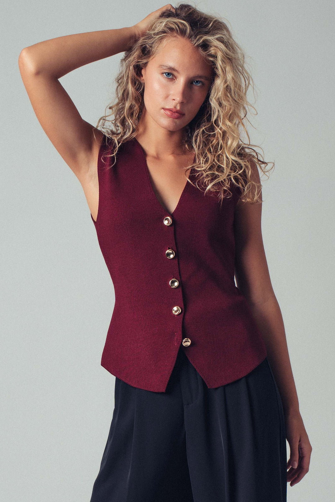 Sculpted Button Front Knit Vest Top