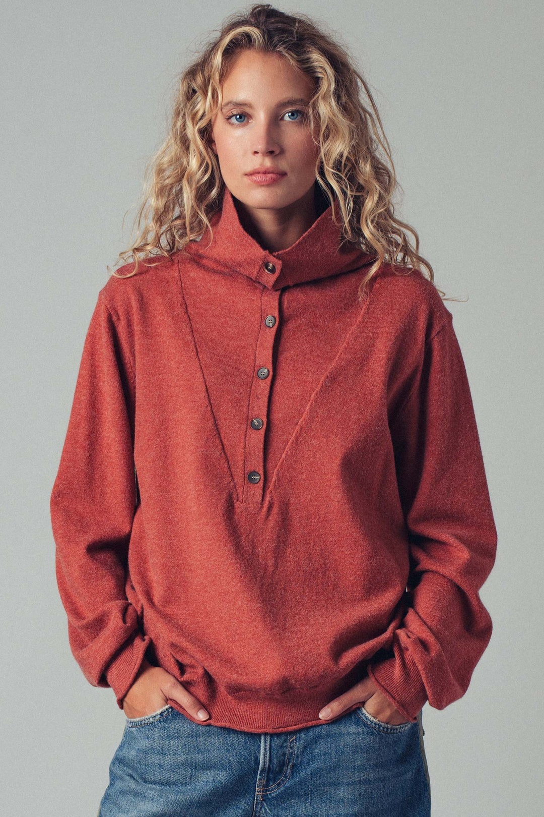 Relaxed Button-Up Knit Pullover with Collar Detail