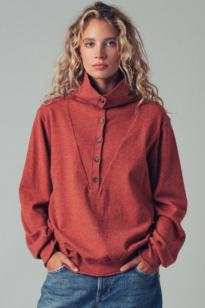 Relaxed Button-Up Knit Pullover with Collar Detail