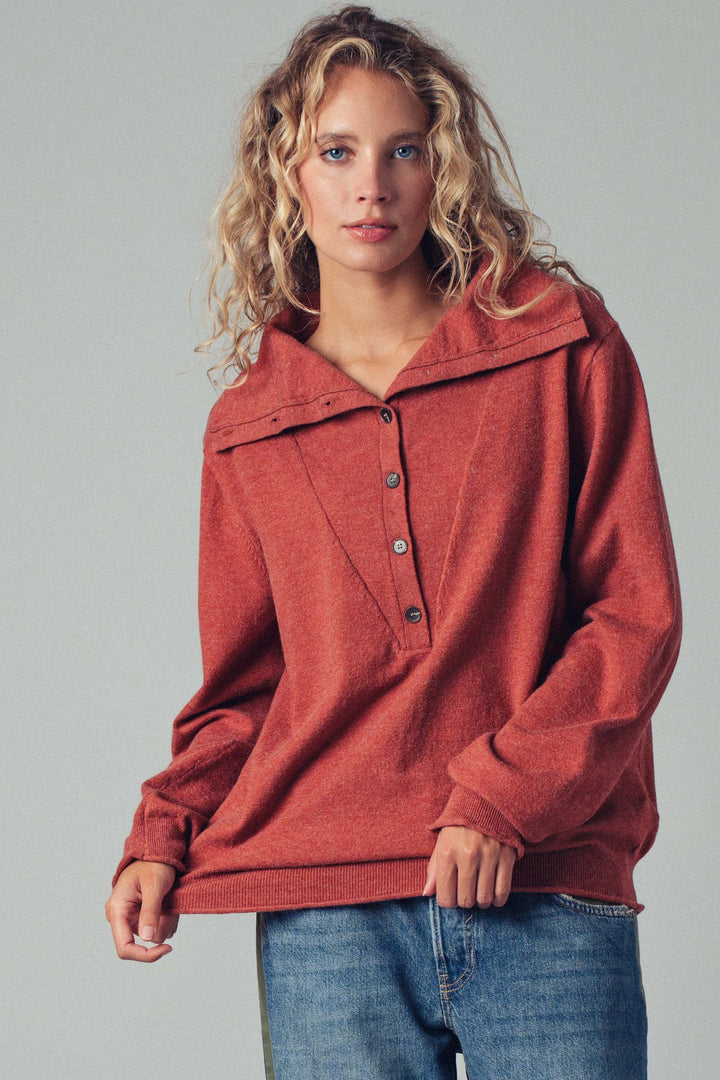 Relaxed Button-Up Knit Pullover with Collar Detail