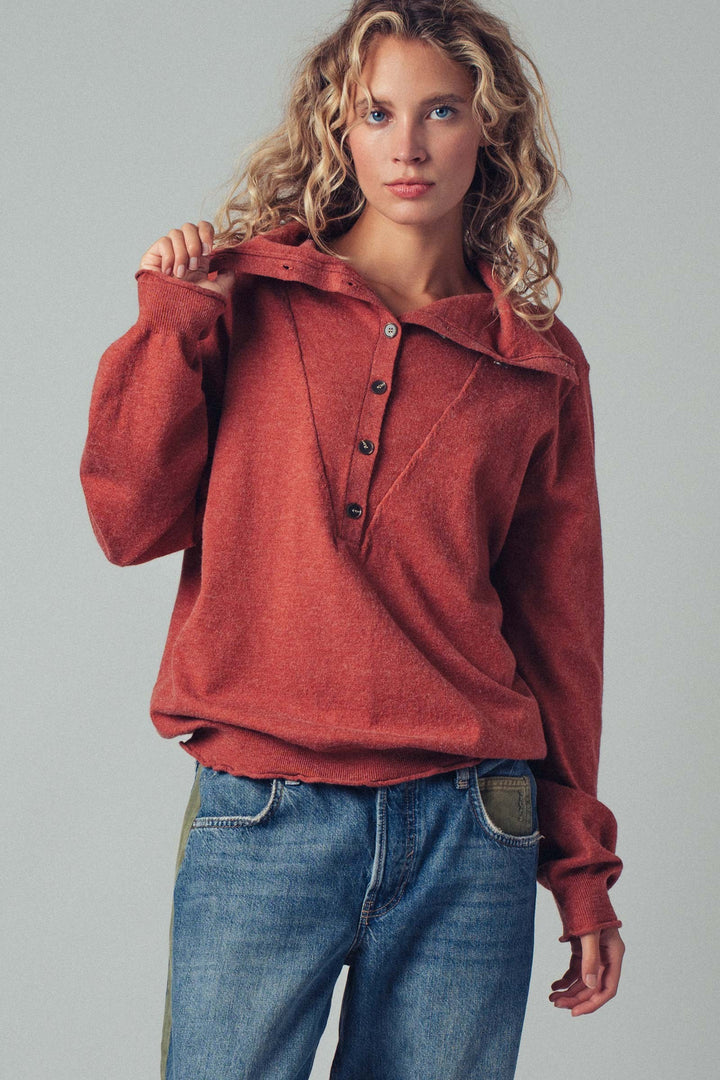Relaxed Button-Up Knit Pullover with Collar Detail