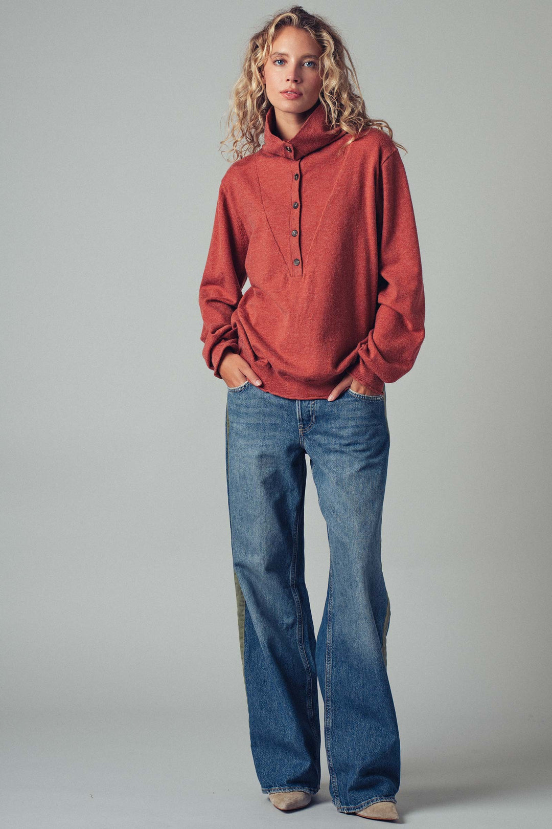 Relaxed Button-Up Knit Pullover with Collar Detail