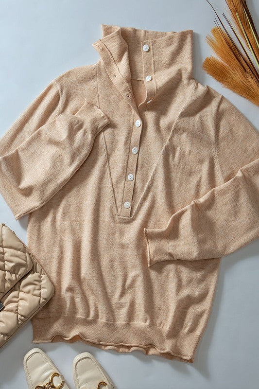 Relaxed Button-Up Knit Pullover with Collar Detail