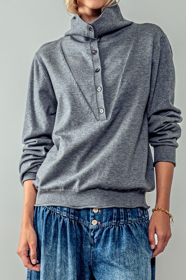 Relaxed Button-Up Knit Pullover with Collar Detail