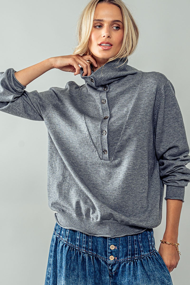 Relaxed Button-Up Knit Pullover with Collar Detail