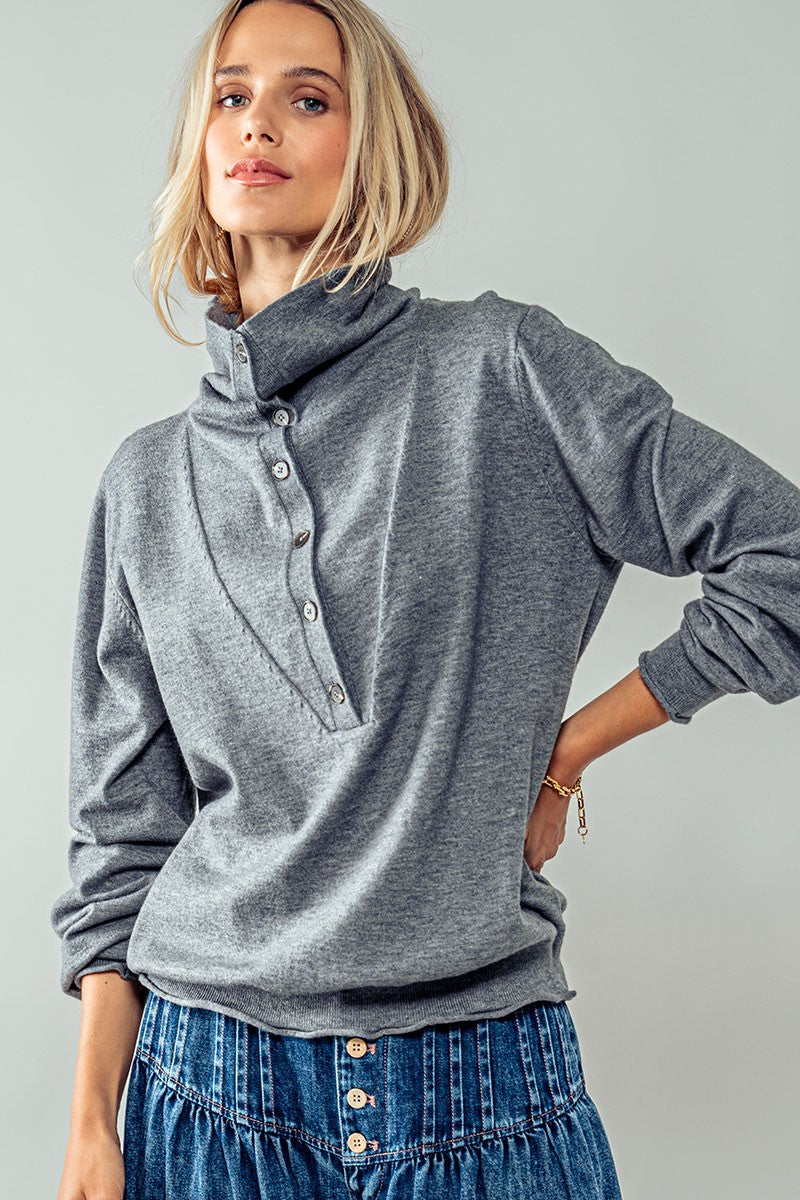 Relaxed Button-Up Knit Pullover with Collar Detail