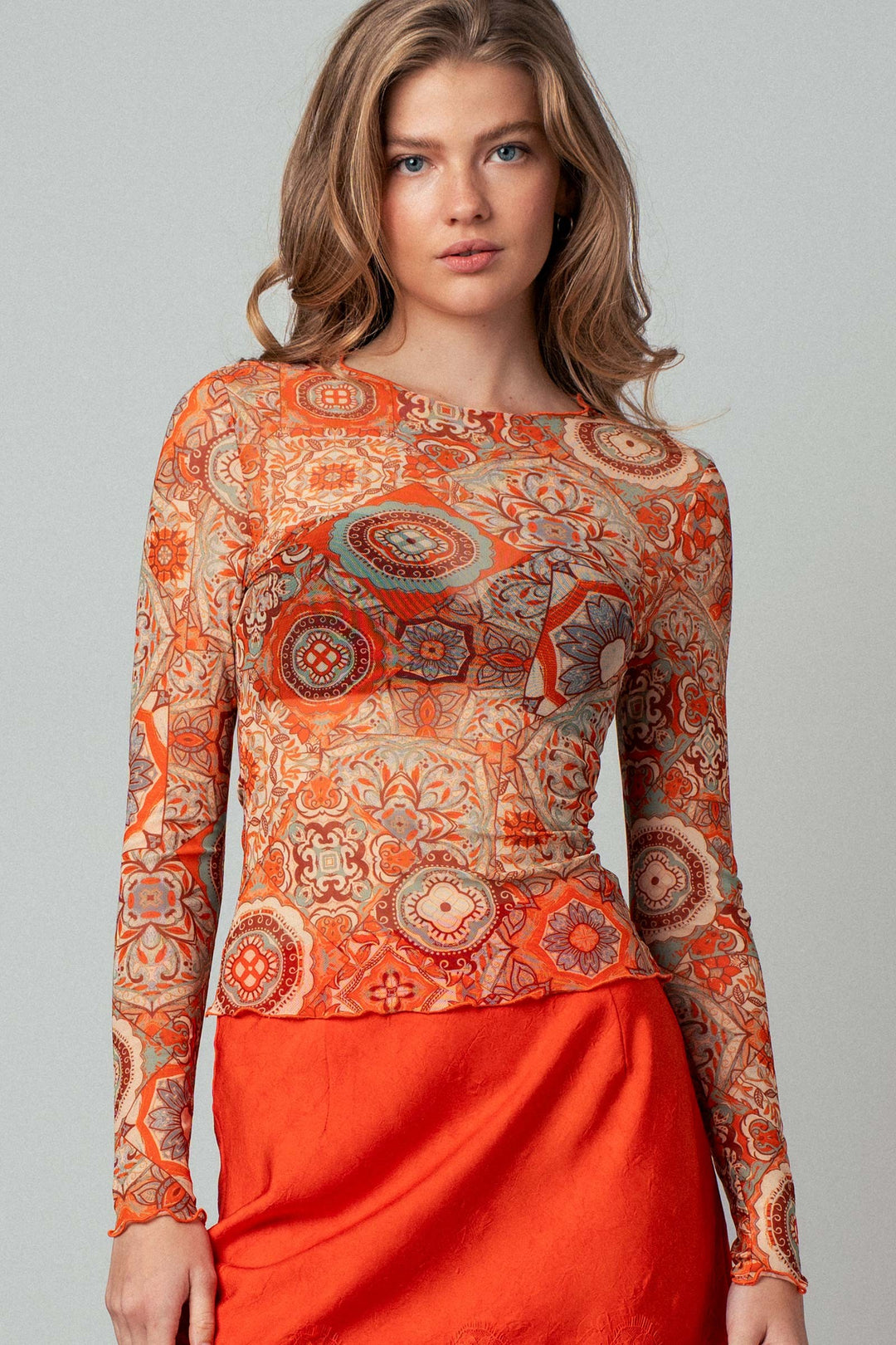 sheer mesh long sleeve top - orange multi