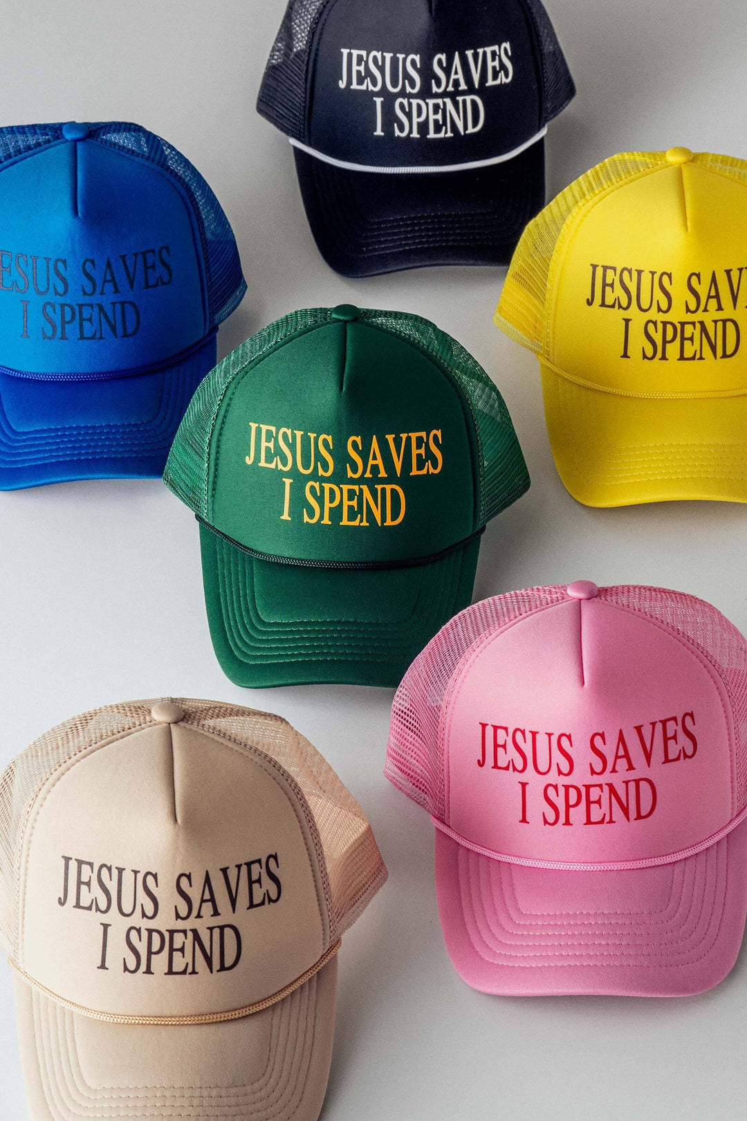 jesus saves i spend mesh trucker cap - default