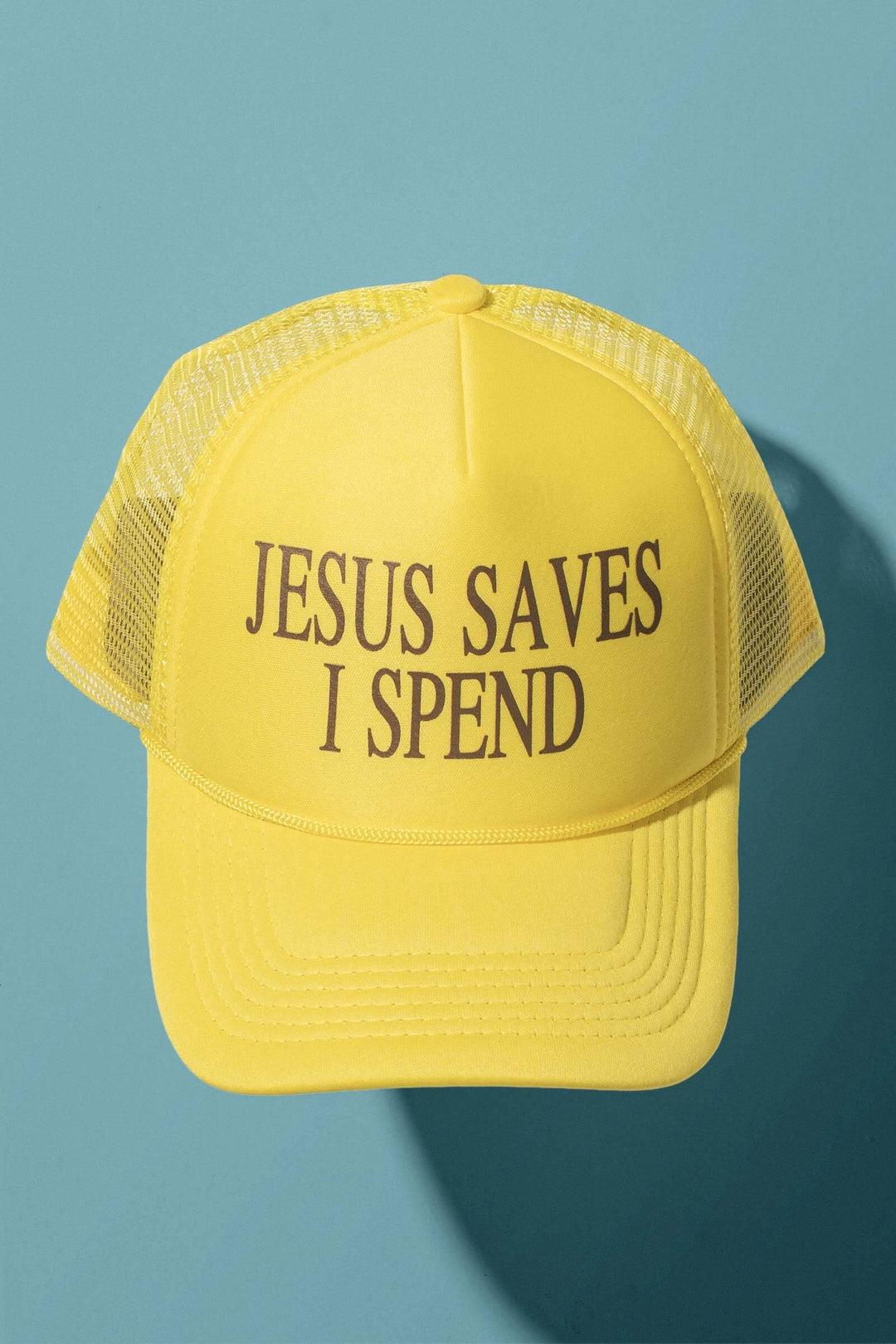 jesus saves i spend mesh trucker cap - yellow
