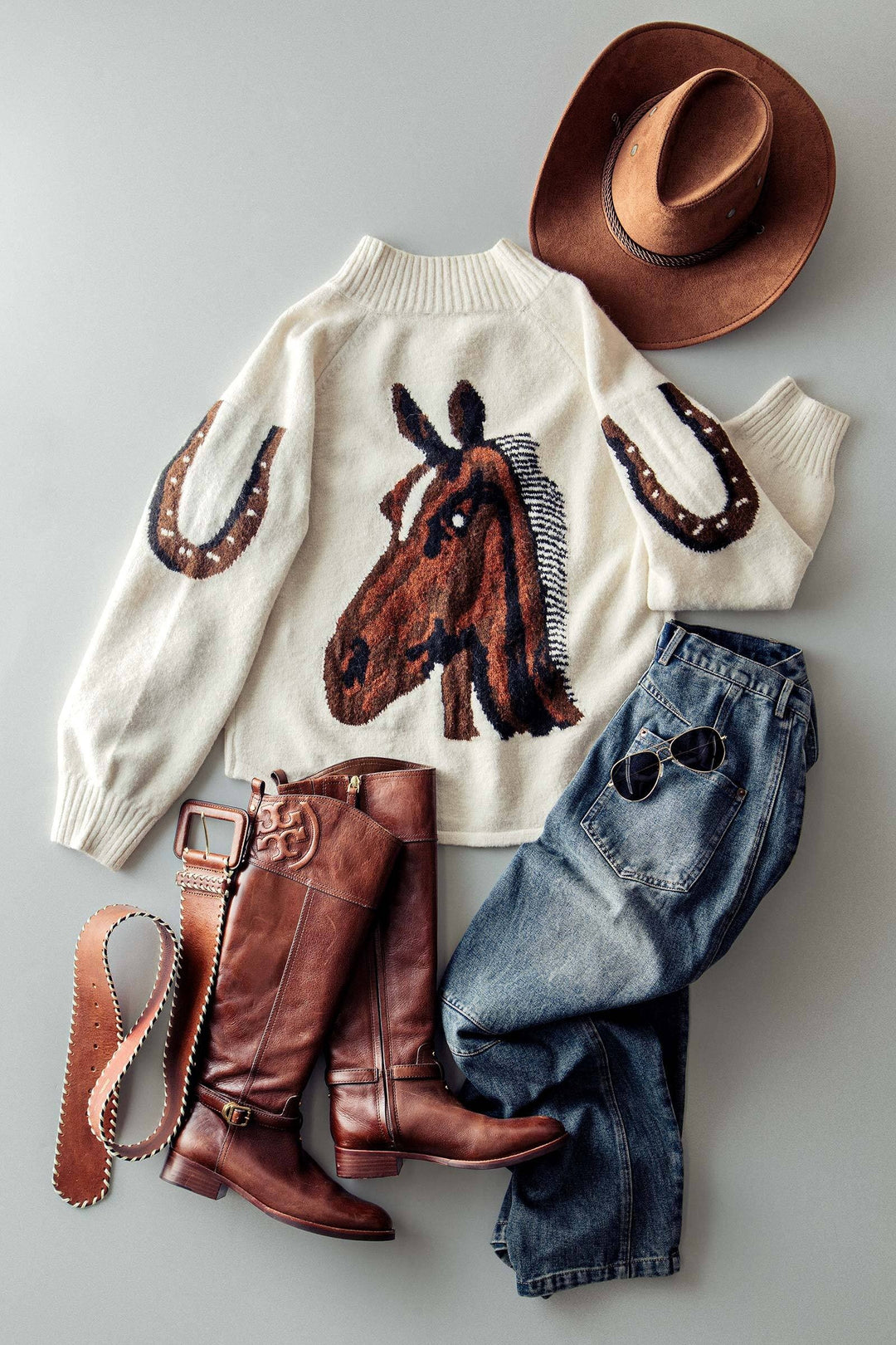 western horse intarsia cardigan - ivory multi