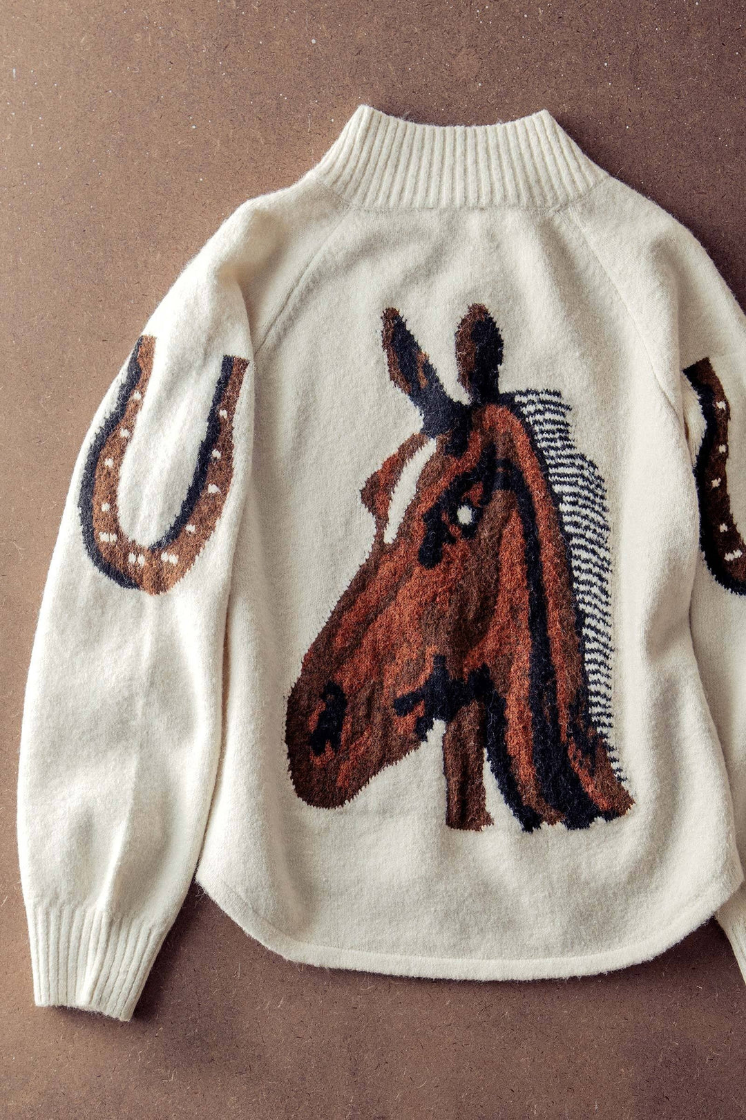 western horse intarsia cardigan - ivory multi