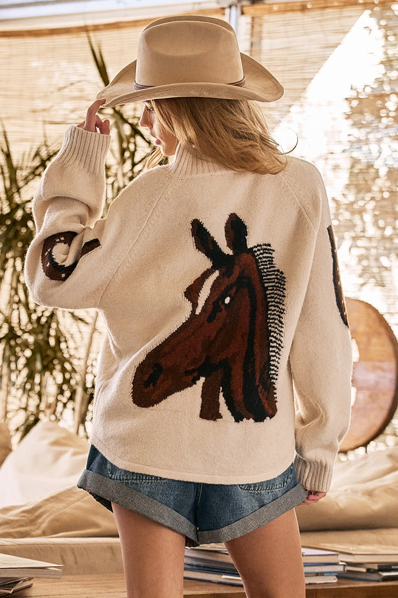 western horse intarsia cardigan - ivory multi