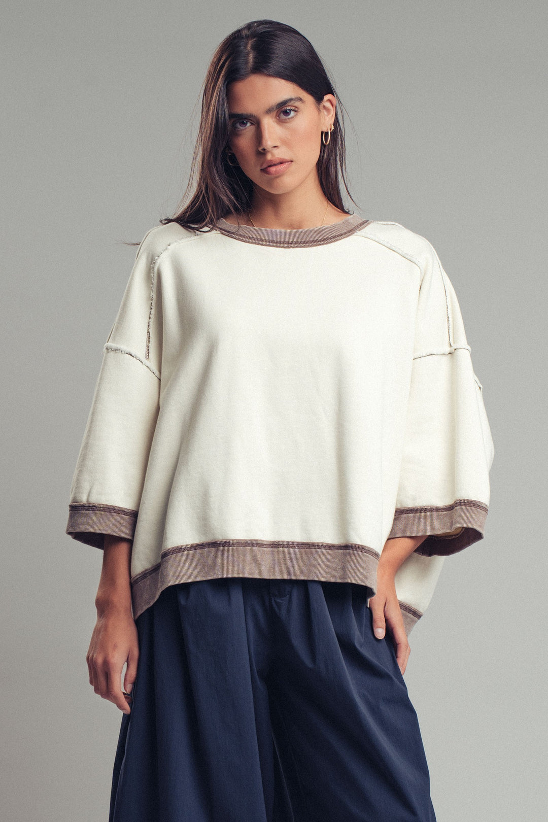 relaxed drop shoulder oversized pullover top - chalk