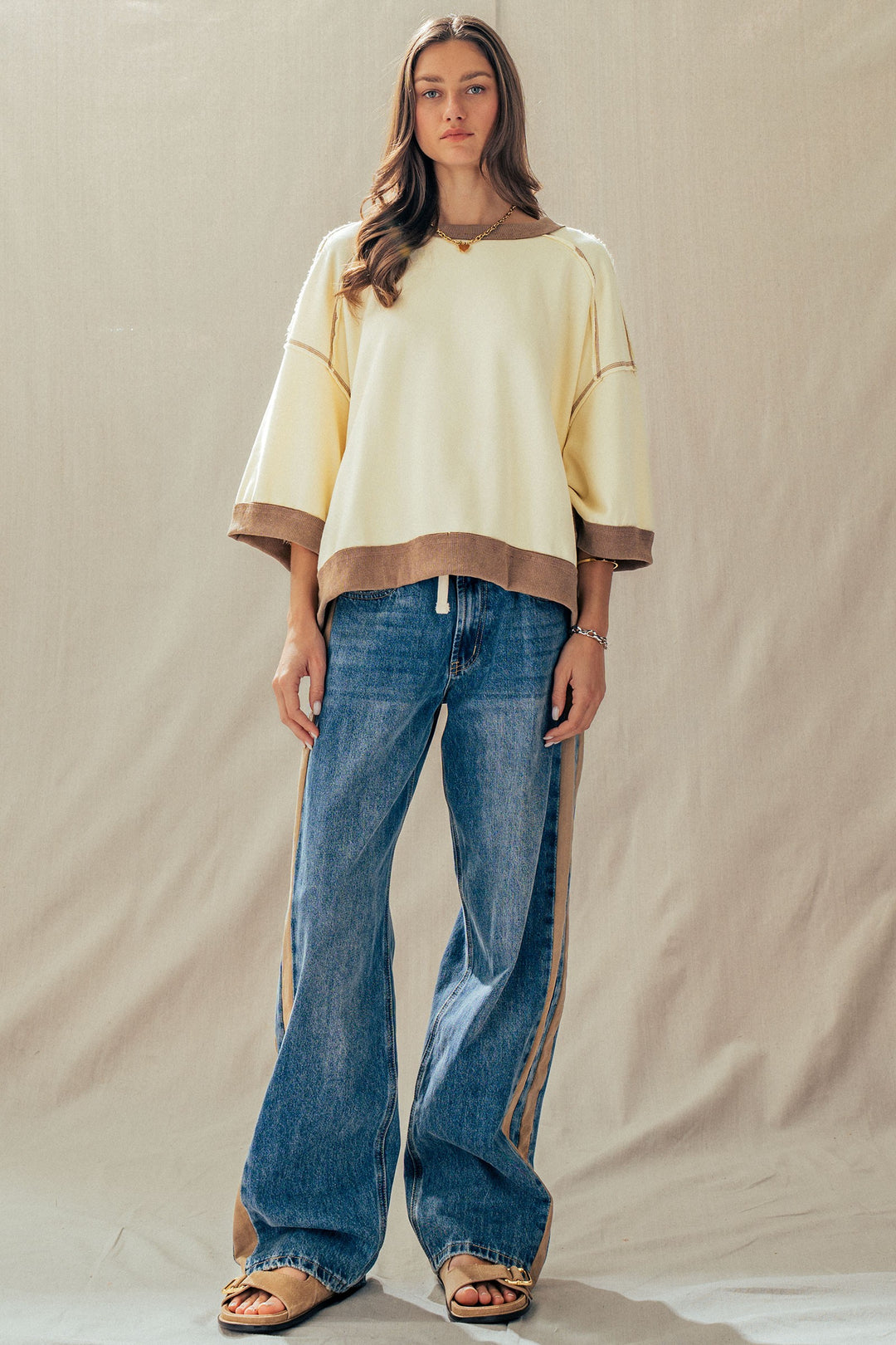 relaxed drop shoulder oversized pullover top - chalk (additional view)