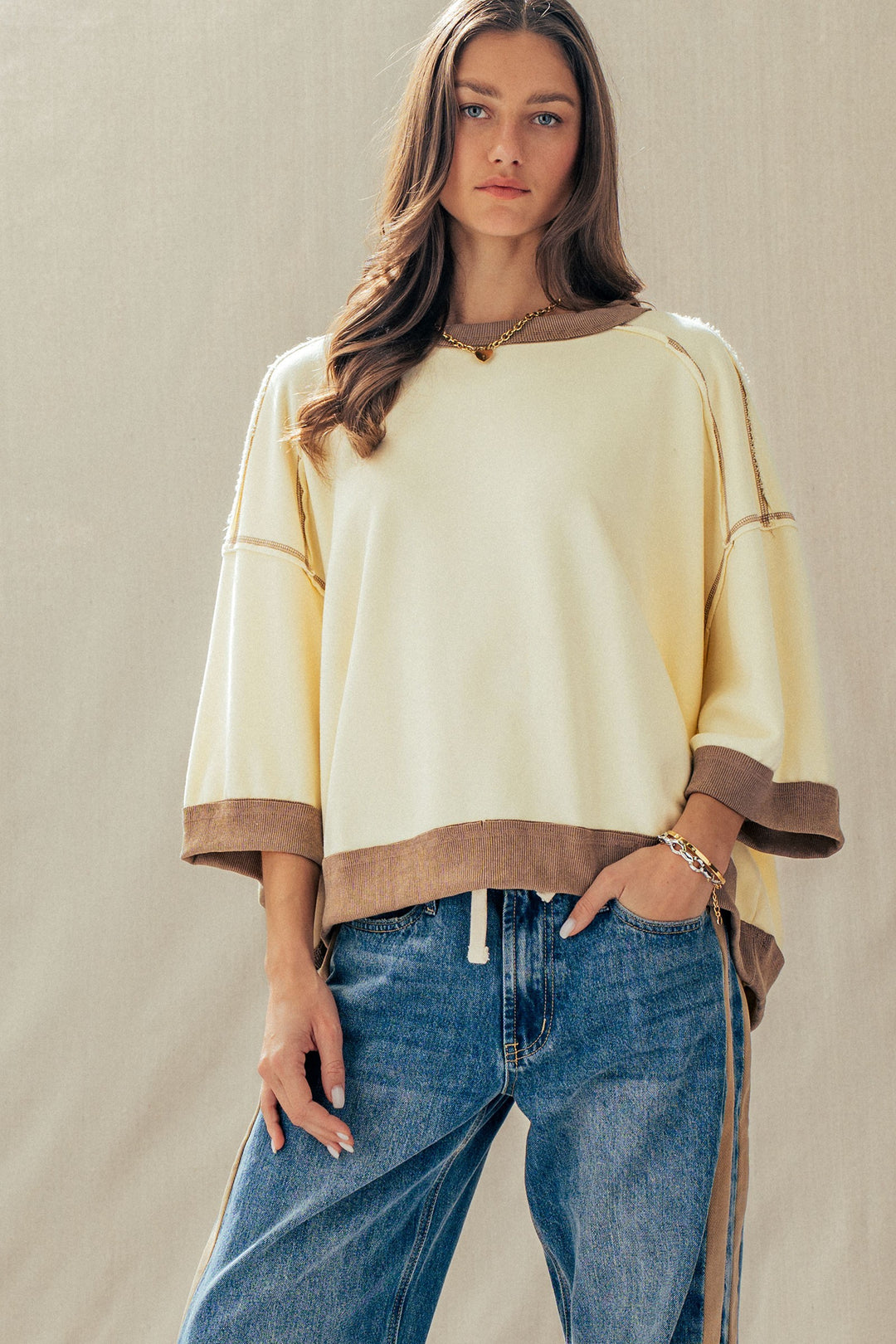 relaxed drop shoulder oversized pullover top - chalk (additional view)