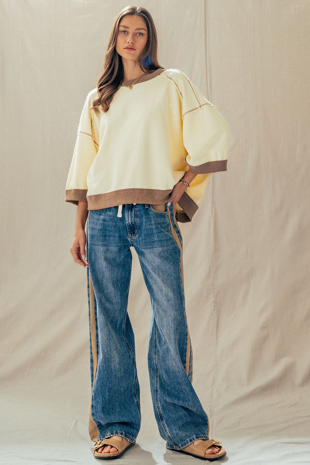 relaxed drop shoulder oversized pullover top - chalk (additional view)