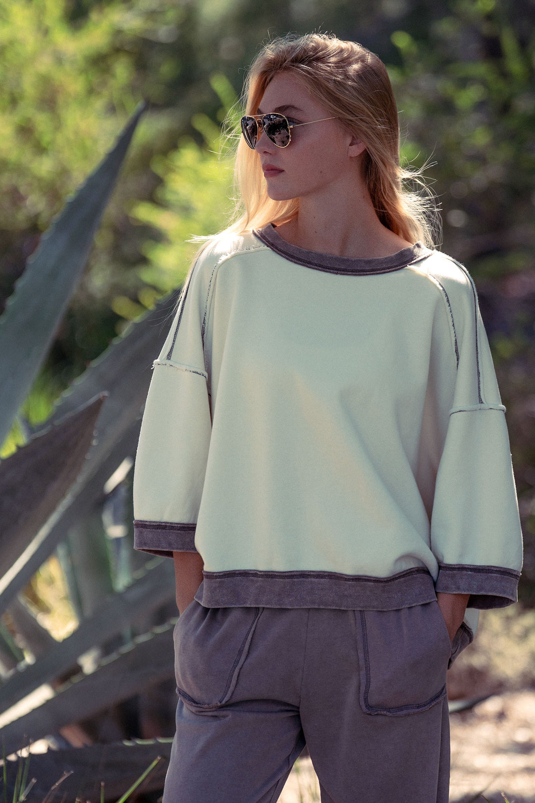 relaxed drop shoulder oversized pullover top - chalk (additional view)